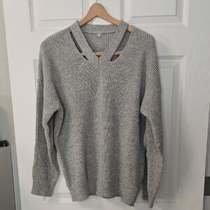Gray Knit Sweater with Unique Neckline